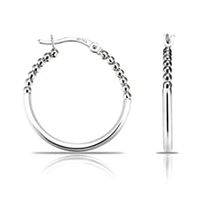 925 Solid Sterling Silver Shiny Polished Half Beaded Large Round Hoop Earrings