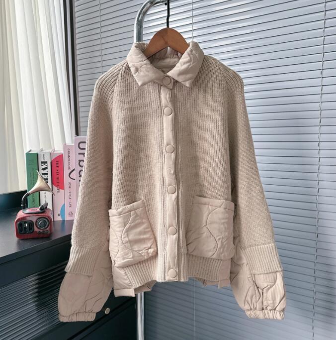 Womens 2024 Fashion Turn Down Collar Quited Knitted Sweater