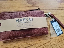 American Leather Co. Tooled Zip Wristlet Phone Power Charger Brown Clutch Wallet