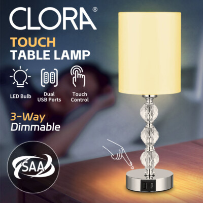 Clora Touch Bedside Crystal Lamp Bedroom Nightstand USB Port