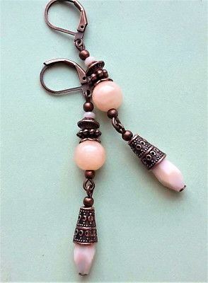 peach JADE Faceted Crystal DANGLE earring COPPER Leverback handcrafted XX
