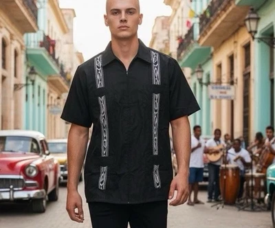 NWOT GENUINE HABAND GUAYABERA L Zip Black Embroidered Pintucked 4 Pocket Shirt - Image 1 of 4