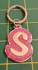 Letter "S" Keychain Silver Tone Pink Sparkle Enamel Alphabet Initial Key, B3b6