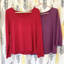 Lot 2 EILEEN FISHER Size M Rayon Jersey Knit Tops Red & Purple Made in USA