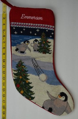 LANDS END Penguins Wool Needlepoint Christmas Stocking Monogrammed EMMERSON