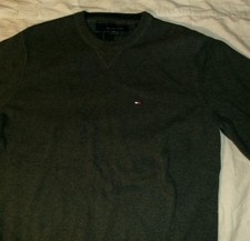 Tommy Hilfiger Men's L Gray Solid Knit Crewneck Pullover Sweater Logo