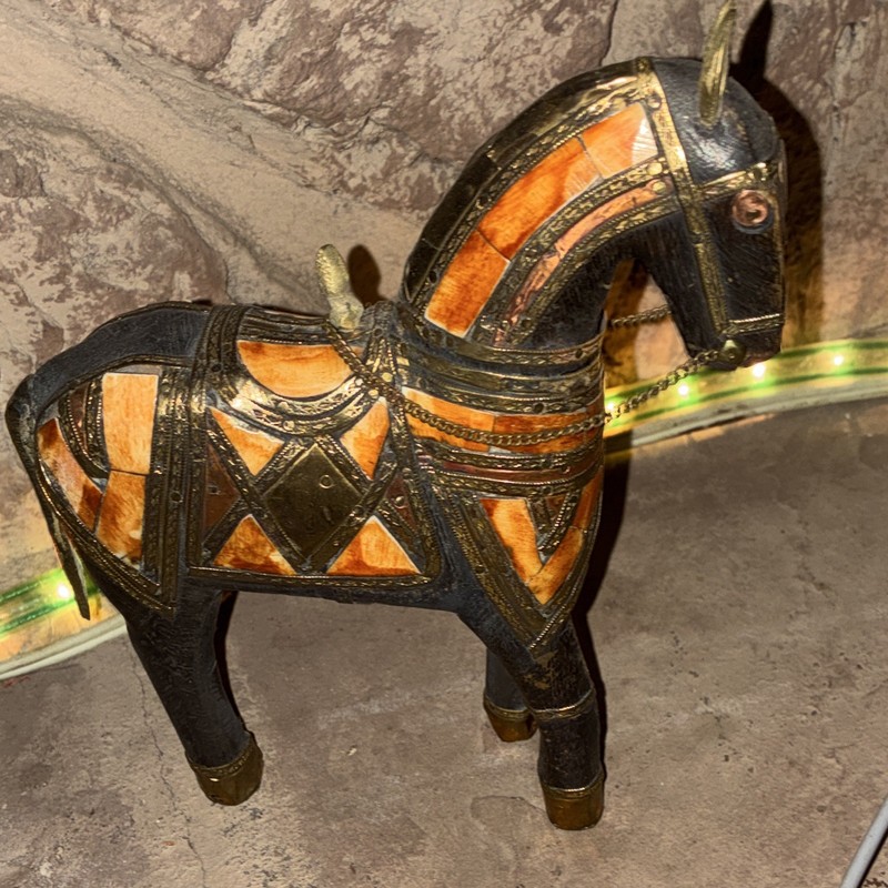Carved Wood Horse Figurine Black & Orange Painted with Gold Accents