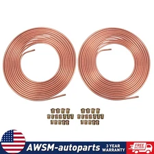 2× NEW Copper Brake Line Tubing Kit 1/4 OD 25 Ft Coil Roll w/ 32 Fittings
