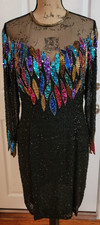 Vintage 80s Nite Line Silk Beaded Sequin Cocktail Dress Black Multicolor Size 12