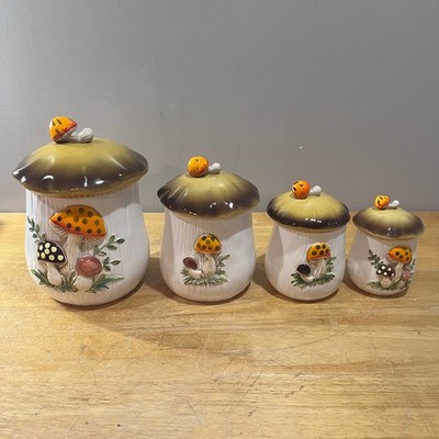 Vtg 1978 Sears Merry Mushroom Ceramic Canister Set 4 Retro 70s