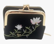 Flower Embroidered Black Coin And Card Purse, Accordion Style Multi-Card Slots