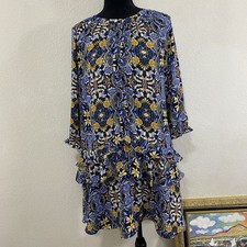 LOFT Floral Tiered Henley Long Sleeve Dress in Blue and Yellow, Size Med Petite