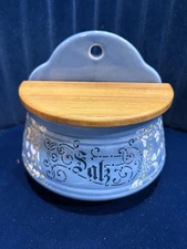 Vintage German Salt Cellar Box Wood Lid Germany Zeller Wall Crock