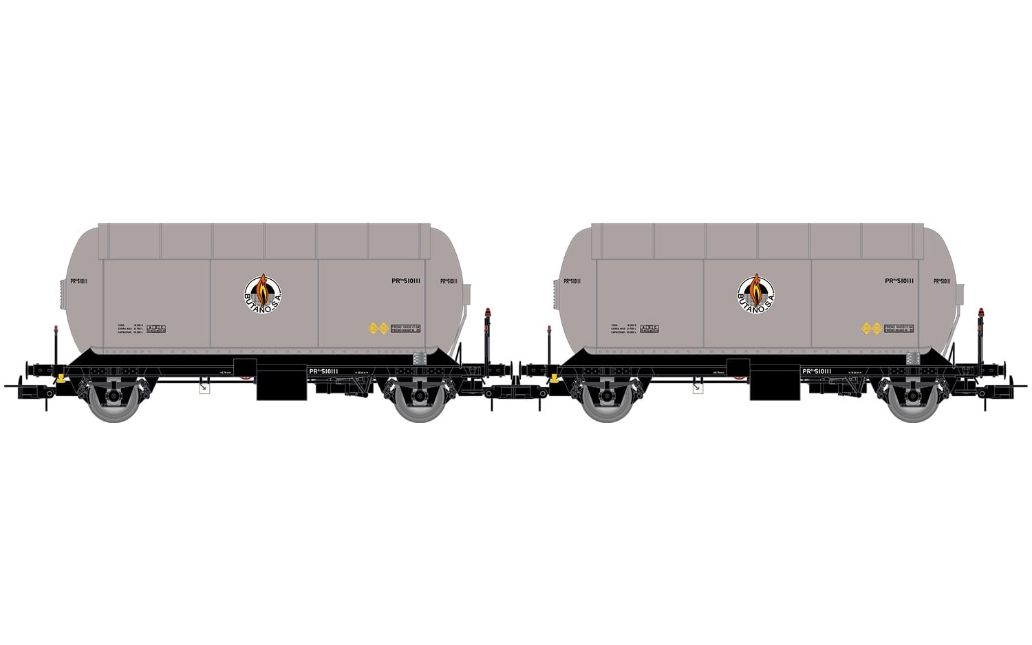 Electrotren HE6073 RENFE, 2-unit pack, PR gas tank wagons, Butano S.A. silver-bl
