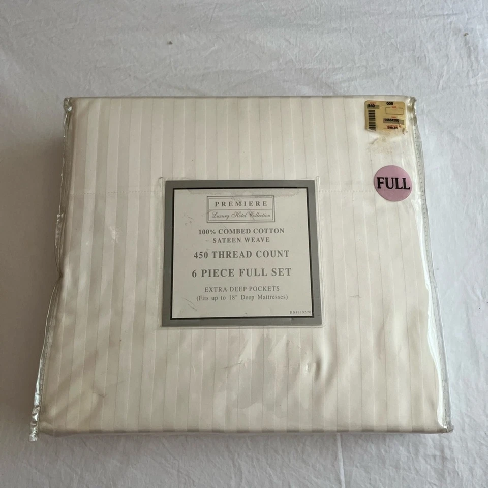 Juego completo de sábanas tejido satén crema blanco Premiere 450 hilos nuevo en caja Foto 2 de 2