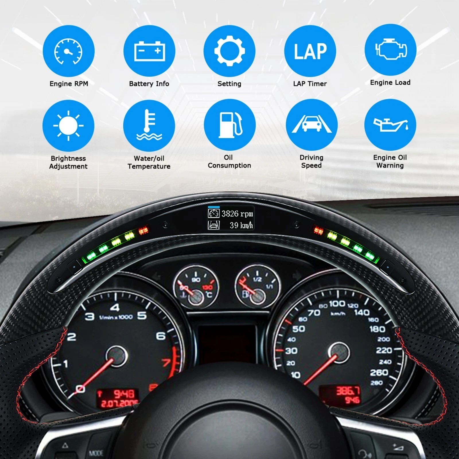 Real Carbon Fiber LED Steering Wheel Flat For Audi R8 TT TTS RS3 TTRS RS6 2008+