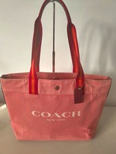 Coach New York Pink Canvas Logo Tote Bag Snap Closure Red Strap Gold HW