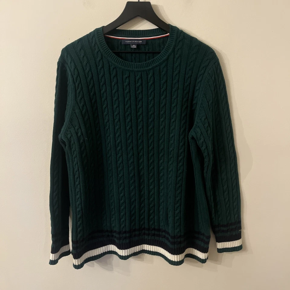 Suéter Tommy Hilfiger L Tejido con Cable Verde Oscuro Algodón Clásico Preppy Tenis Foto 2 de 4
