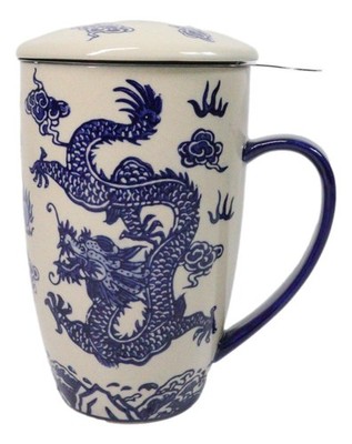 Blue Oriental Ryu Dragon 15oz Porcelain Tea Mug With Lid Stainless Steel Infuser