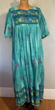Vintage 70s Cotton Kaftan Muumuu Dress Loungewear Teal Floral Boho M 10/12