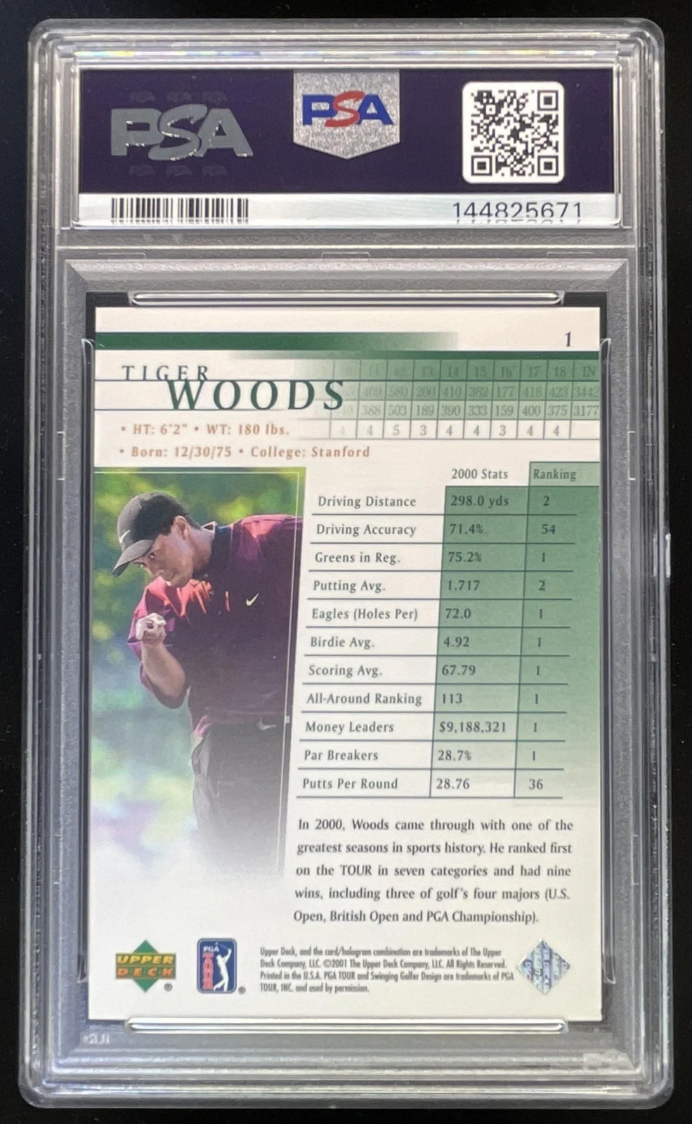 2001 Upper Deck #1 Tiger Woods RC PSA 9 view 2