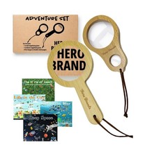 Adventure Set - 2X Wood Magnifying Glass for Kids with 4 Pictures -... Fast Ship
