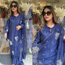 Party Collection Pure Natural Crepe Blue Top Palazzo And Dupatta For Women Wear