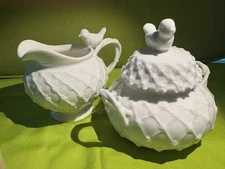 Grace's Teaware Porcelain White Creamer and Sugar Bowl with Lid Bird & Lattice