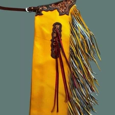 Men Bull Riding Leather Chaps Western Fringed Rodeo Yellow Brown  Cowboy Gear