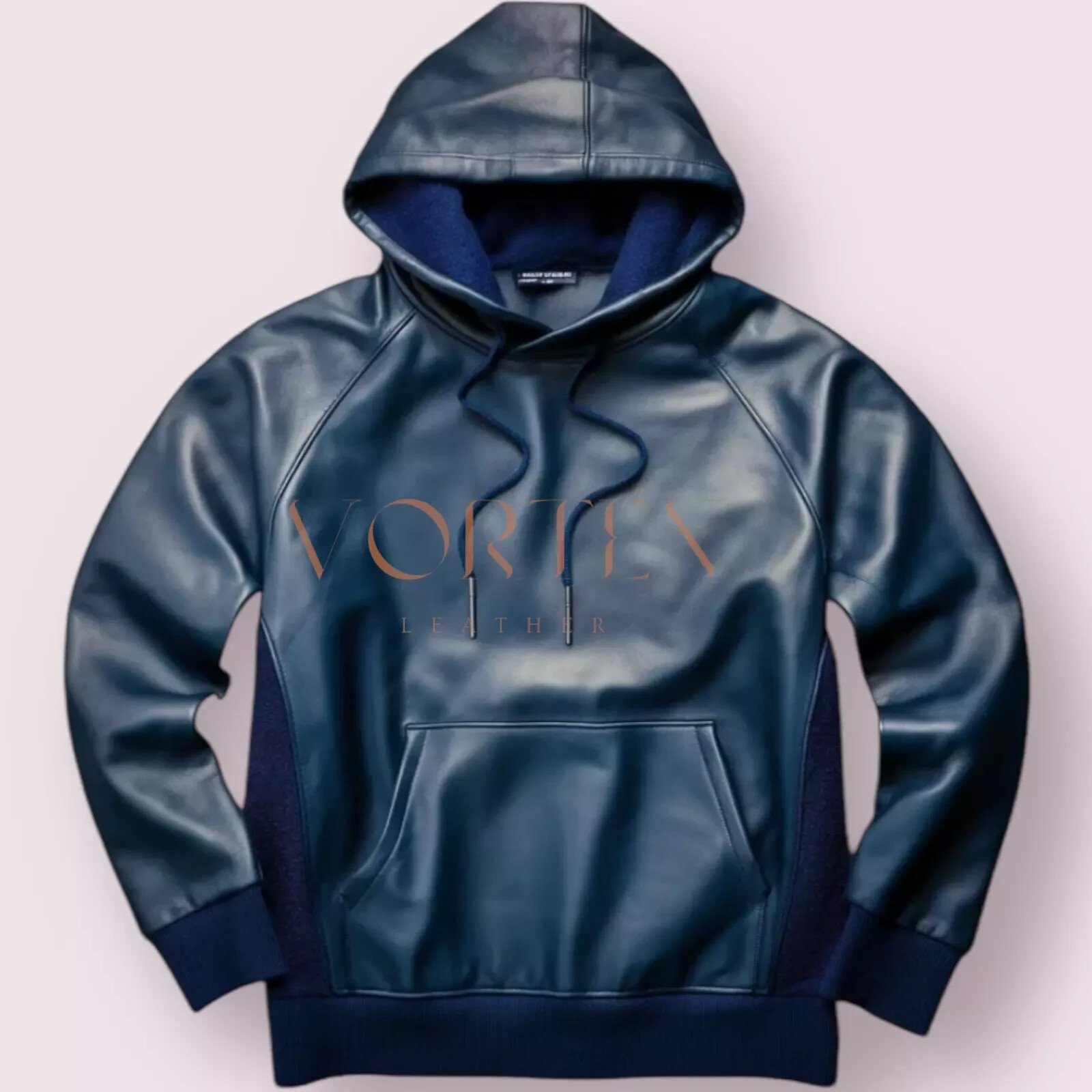 Men's Blue Genuine Sheep Leather Hoodie Pullover