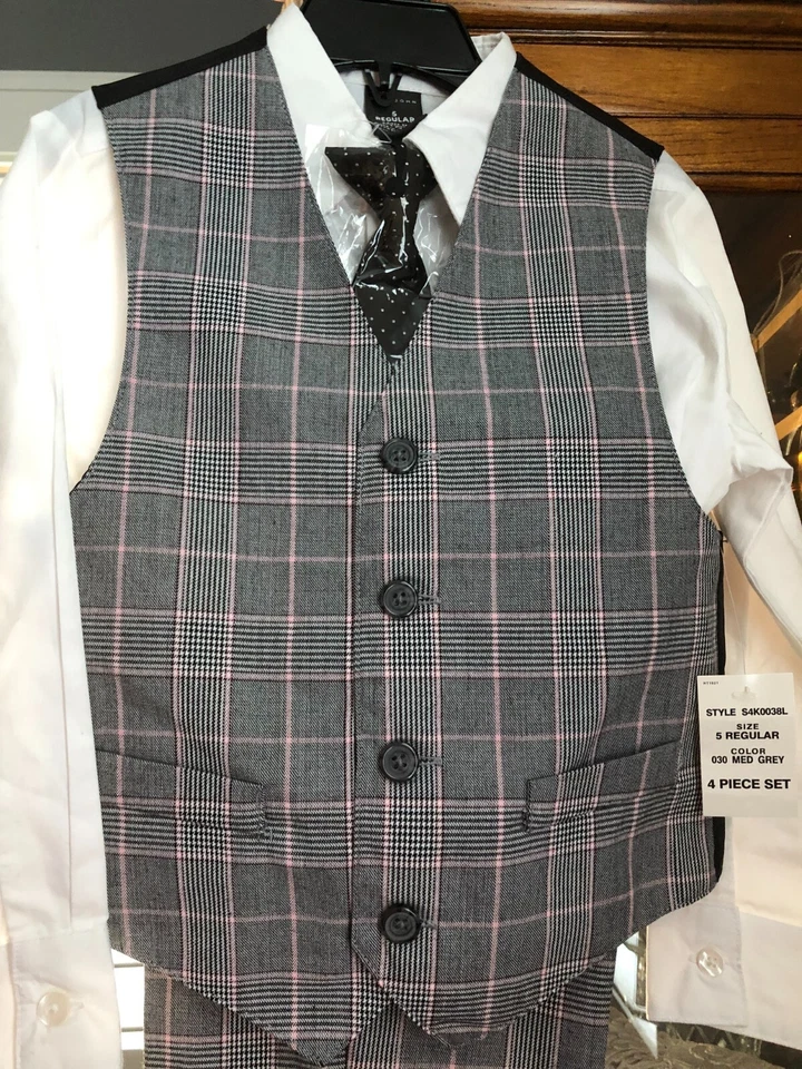Conjunto de 4 piezas de chaleco formal gris Sean John para niños pantalones corbata camisa a cuadros talla 5 regular nuevo con etiquetas Foto 2 de 4