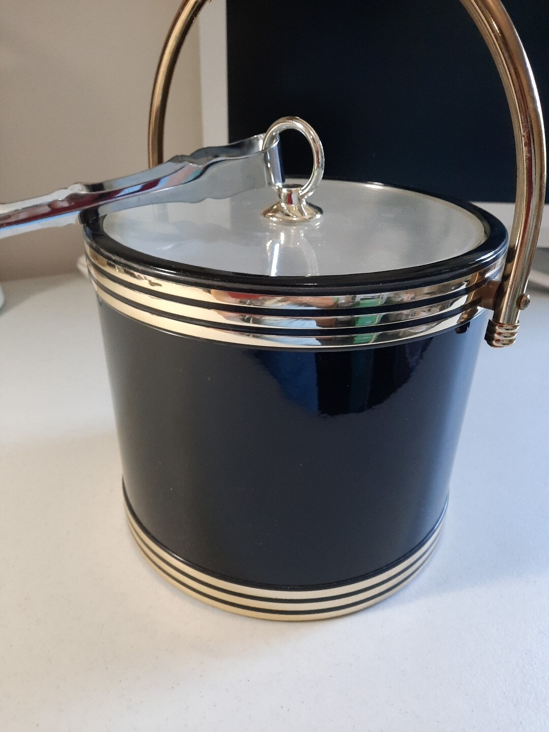 Vintage MCM Shelton Ware Brn Ice Bucket w/Lucite Lid, Handle, Tongs Mid Century