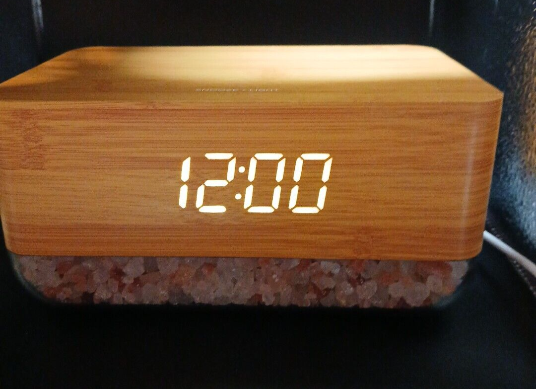 Mahli Himalayan Salt Sunrise Alarm Temp. Clock Wood Design USB