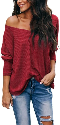iGENJUN Women's Casual V-Neck Off-Shoulder Batwing Sleeve Pullover Sweater Tops - Picture 83 of 94