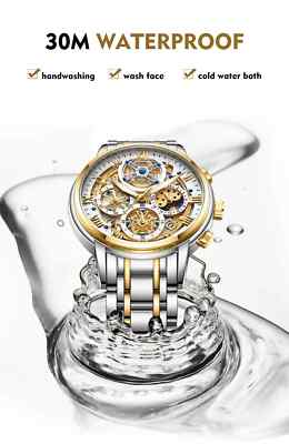 Montre Chronographe Squelette Lige Pour Homme - Boîtier Et Bracelet Doré Acier - étanche 30m - Neuf Avec étiquettes