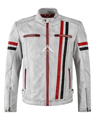Herren Cafe Racer Vintage Weiß Biker Rot Schwarz Streifen Echt Leder Jacke 5033