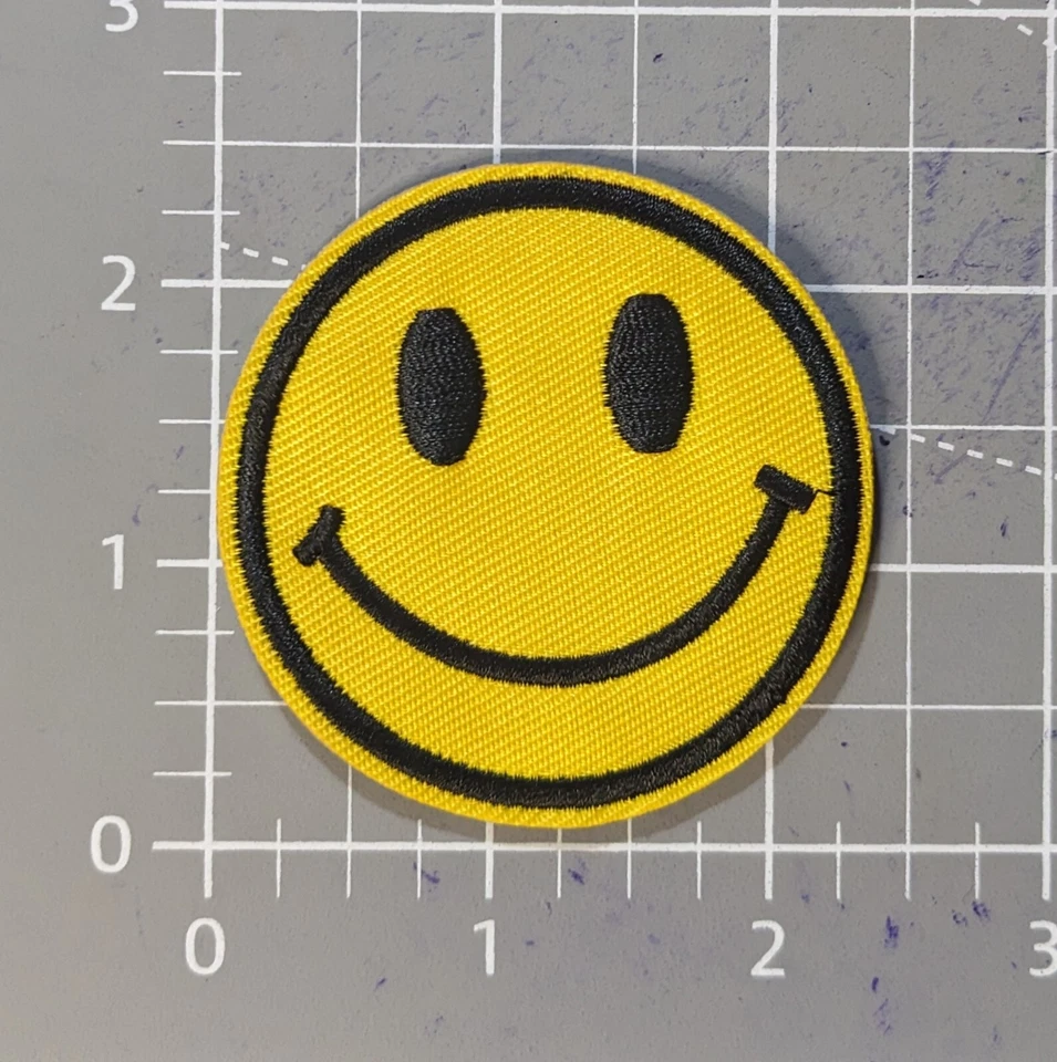 Happy Face Patch Yellow 2.5" Hippy Good Vibes Smile Emoji Embroidered Iron On  - Image 2 of 3