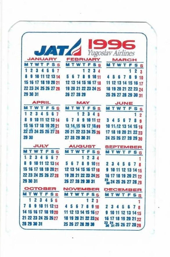 1996 Yugoslav Airlines JAT calendar | eBay