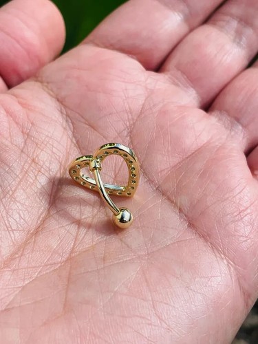 Heart 14k Solid Gold Belly Button Navel Ring w/ Genuine Diamonds Piercing Jewely - Picture 3 of 4