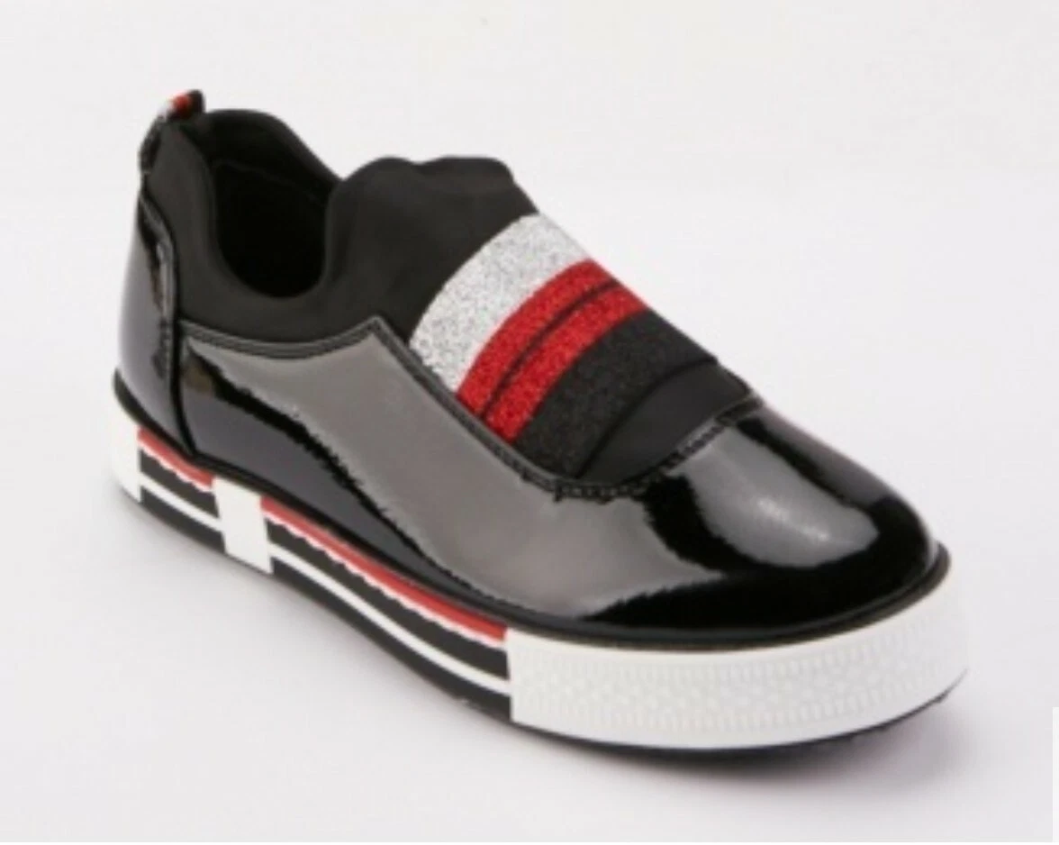 CONVERSE mocassino donna nero vernice scarpe da ginnastica con righe stile designer UK3 4 EU36