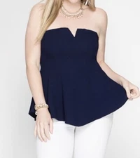 She + Sky Sweetheart Peplum Bustier Tube Top Navy Blue Plus XL 1XL - New!