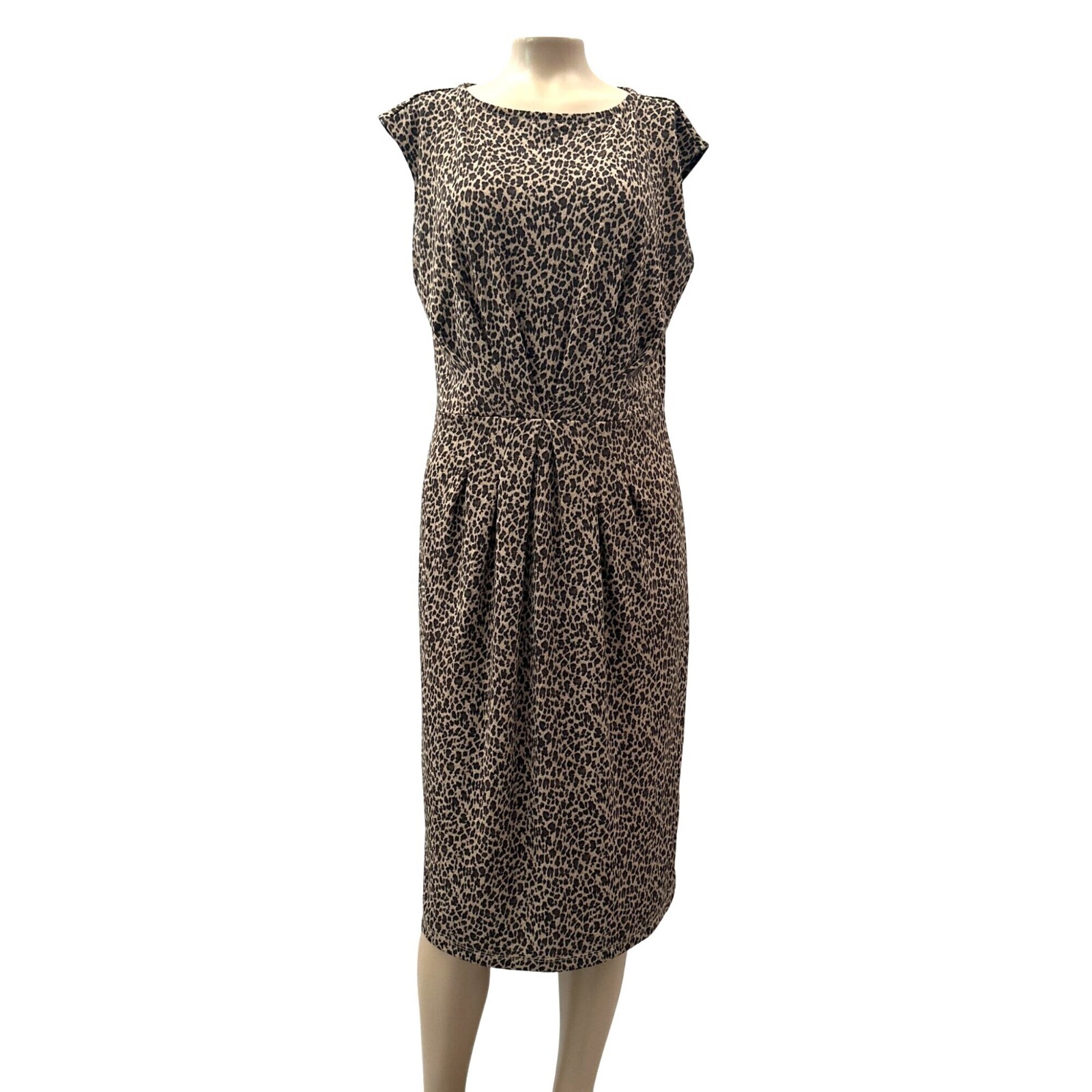 Talbots Midi Dress Leopard Animal Print Sleeveless Knit Stretch Pleated Brown S