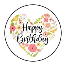 30 HAPPY BIRTHDAY FLORAL HEART ENVELOPE SEALS LABELS PARTY FAVORS STICKERS 1.5" 