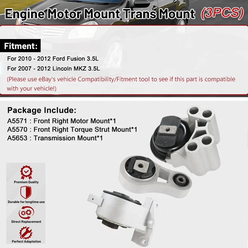 Engine Motor & Trans Mount 3PCS Set For 10-12 Ford Fusion 07-12 Lincoln MKZ 3.5L - Изображение 2 из 4