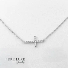 Women's Sterling Silver Mini Cross Side-Way CZ Pendant 16"-18"Necklace.BOX