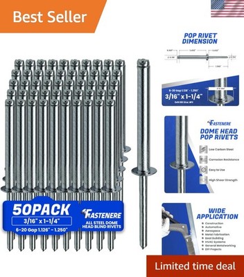 High Shear Strength 50 Pack Pop Rivets 3/16'' x 1-1/4'' Aluminum Steel Mandrel
