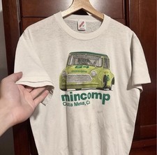Vintage 80s Minicomp Mini Cooper BMC Racing Costa Mesa Graphic White Car T Shirt