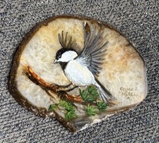 Vintage 1991 Hand Painted Bird Agate Rock Slab Joyce Miles Decor Shelf