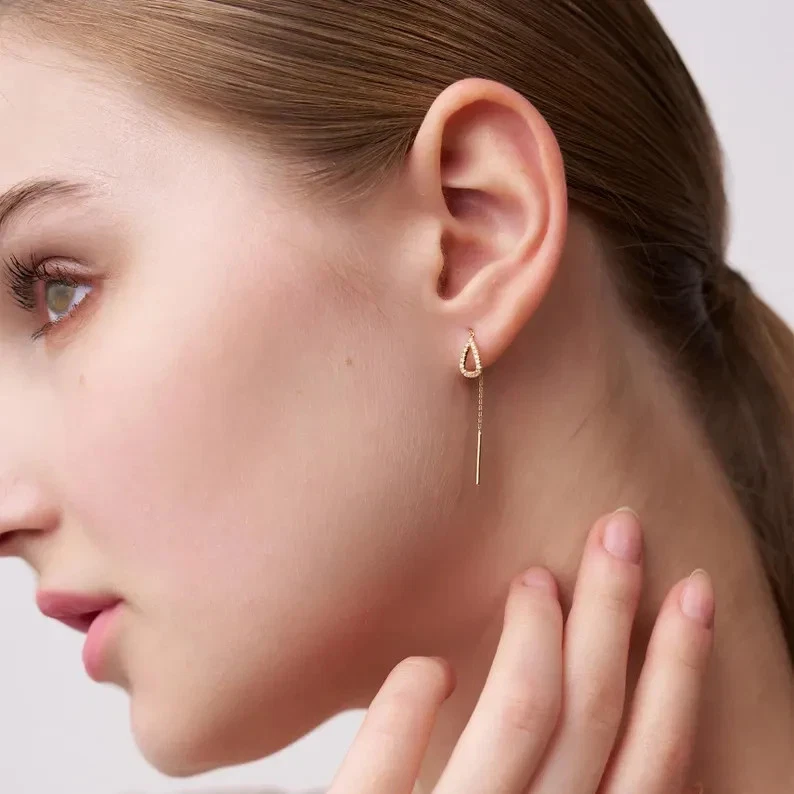 1Ct Round Cut Lab Created Diamond Threader Drop Earrings 14k Yellow Gold Plated - Image 3 of 4