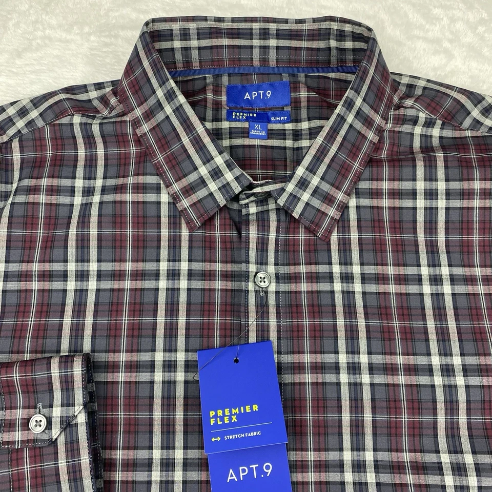 APT. 9 Camisa Para Hombre XL Borgoña/Gris Cuadros Premier Flex Calce Ajustado ¡Nueva con Etiquetas! Foto 2 de 4
